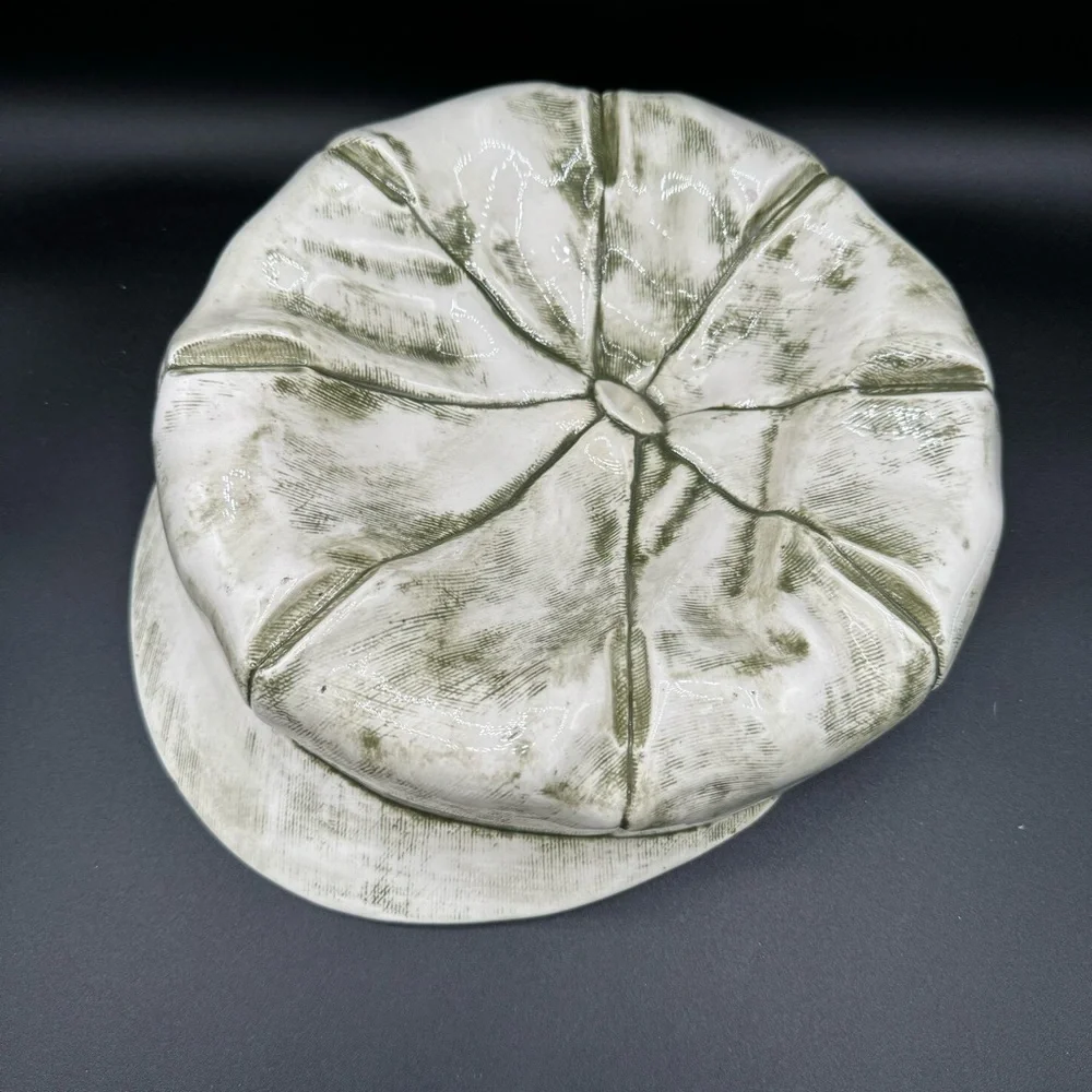 Ceramic Pageboy Newsie Cap for Decor or Trinkets in Green and White 10in